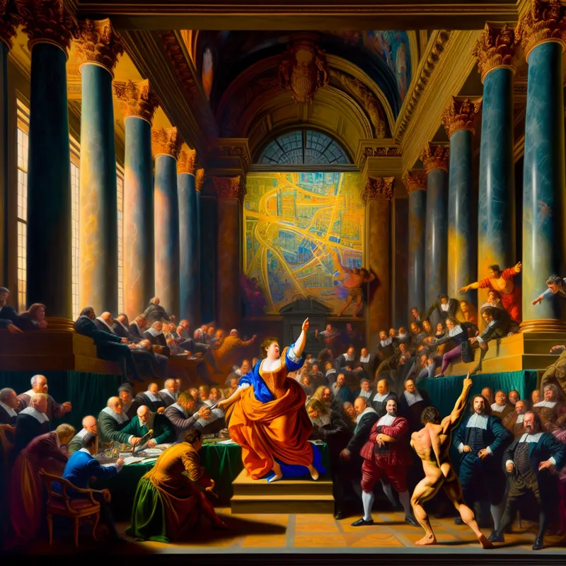 Barokke regeringsvergadering met een krachtige leider die een harde koers tegen criminaliteit aanwijst op een verlichte beleidskaart