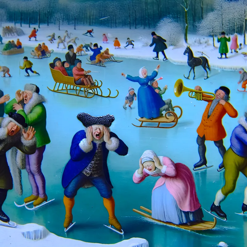 Levendige winterscène met een groep mensen die schrikken van harde muziek van een trompettist op een bevroren kanaal, in de stijl van Hendrick Avercamp