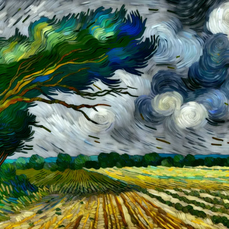 Dramatische Van Gogh-achtige voorstelling van een harde wind met woeste lucht, buigende bomen en golvende velden