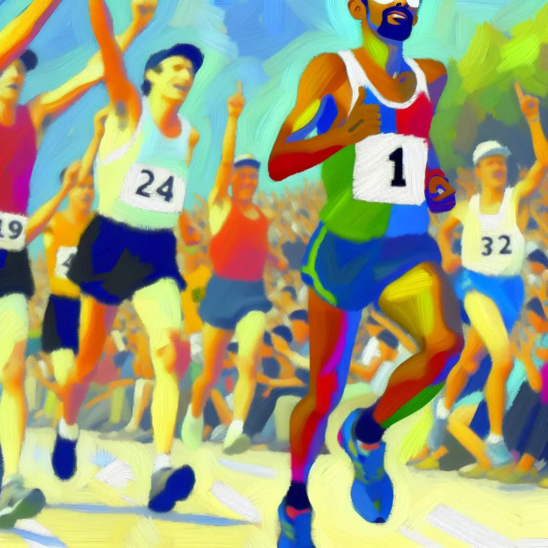 Een enthousiaste hardloper met het nummer één die de finishlijn oversteekt in een zonnige omgeving, omringd door blurende concurrenten en juichende toeschouwers.