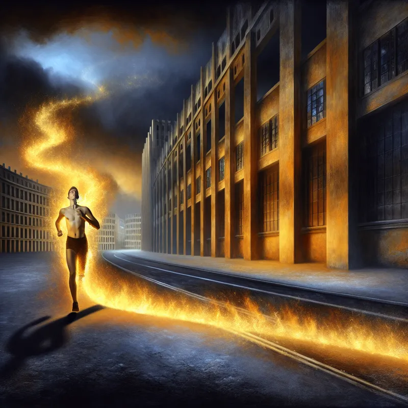 Hyperrealistische surrealistische afbeelding van een eenzame hardloper die calorieën verbrandt op een lege stadsstraat bij schemering, met een gouden energie-aura en zichtbare ademhaling