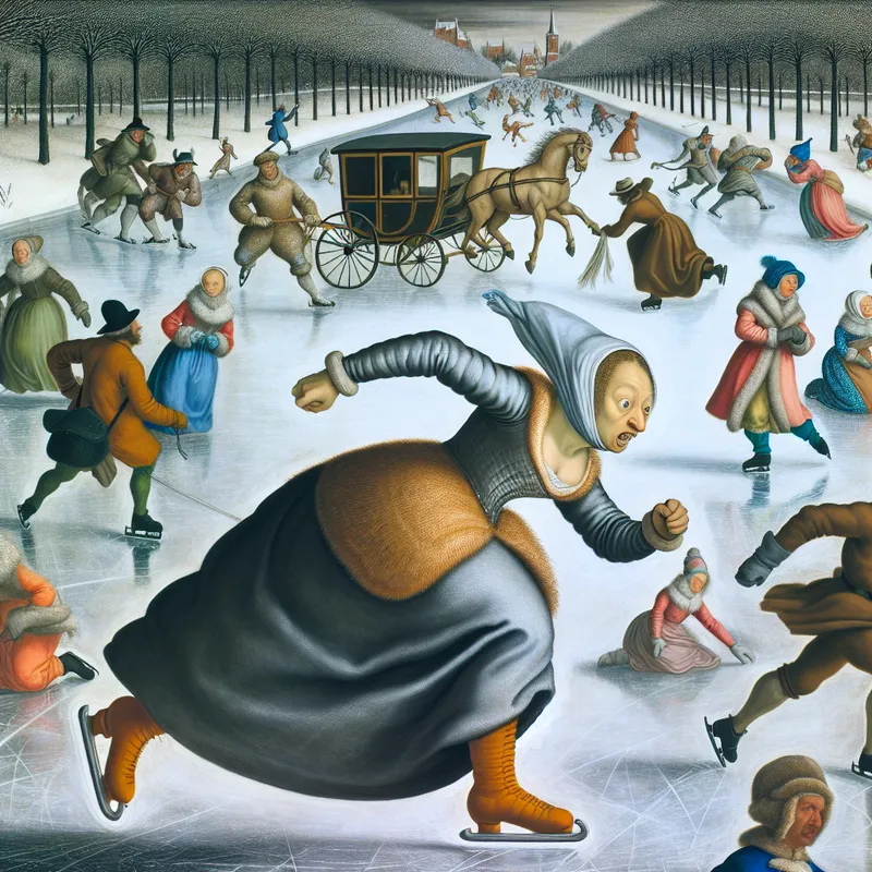17e-eeuwse persoon in winterkleding die hard rent over een bevroren kanaal om een slee te halen, omringd door schaatsers en winteractiviteiten