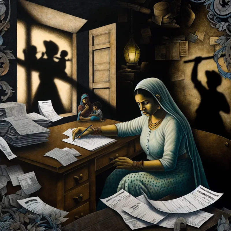 Een moede individueel zit aan een rommelig bureau, omringd door rekeningen en sollicitaties, met schaduwachtige silhouetten van gezinsleden op de achtergrond.