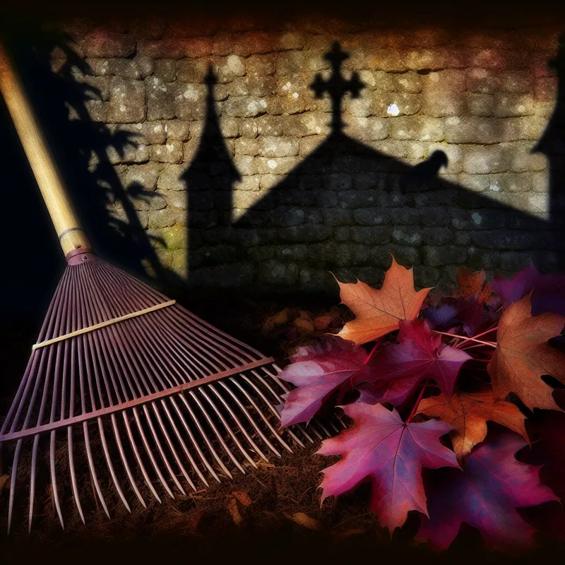 Een traditionele hark leunt tegen een oude stenen muur in een mysterieuze tuin vol herfstbladeren.