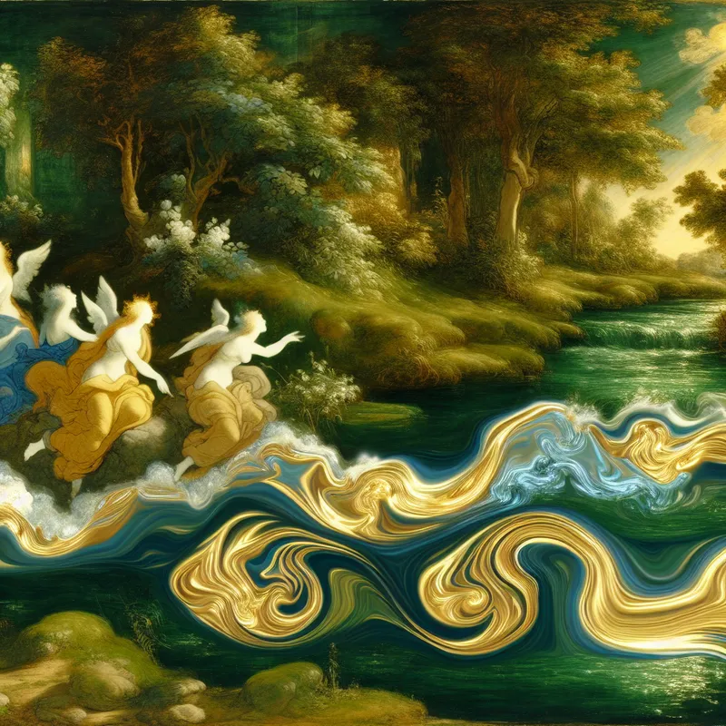 Barokke voorstelling van een harmonieus landschap met een kabbelend beekje en engelachtige figuren, symboliserend voor muzikale klank en sereniteit