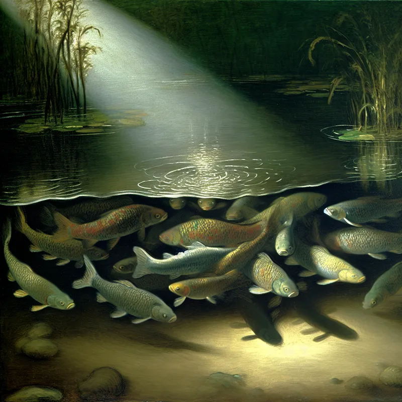 Een serene vijver met verschillende soorten kleurrijke vissen die samen zwemmen, belicht door zonlicht.