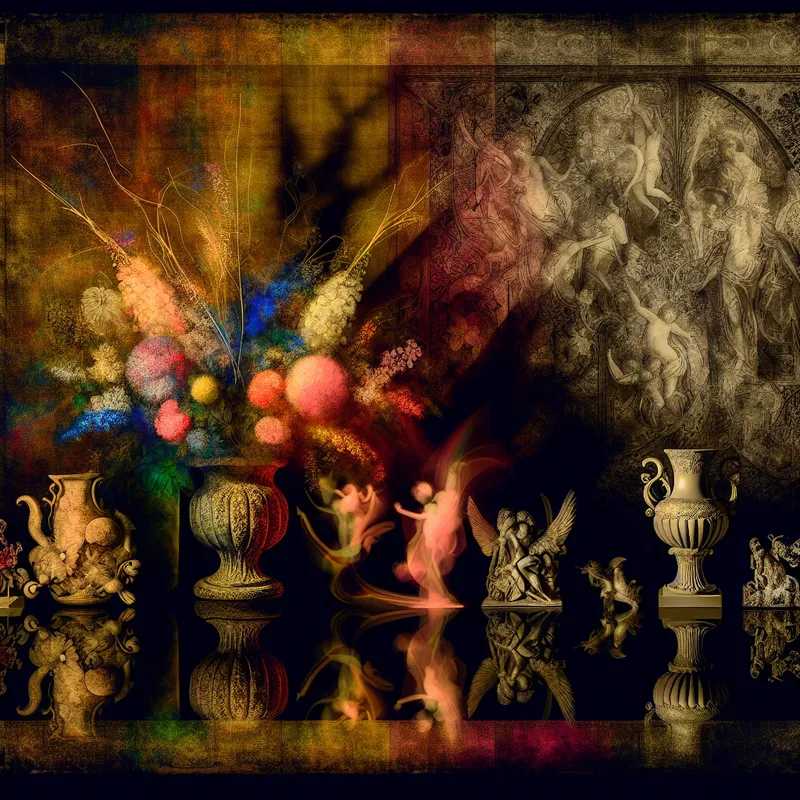 Een harmonieuze scène met kleurrijke, fijne objecten in symmetrische opstelling, weerspiegelt een gevoel van eenheid en schoonheid.