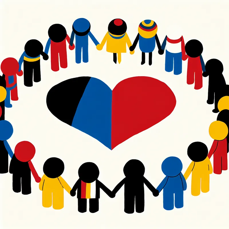 Minimalistische illustratie van een groep kinderfiguren die samen een groot hart vasthouden, symboliserend eenheid en emotionele betrokkenheid in taaluitdrukkingen