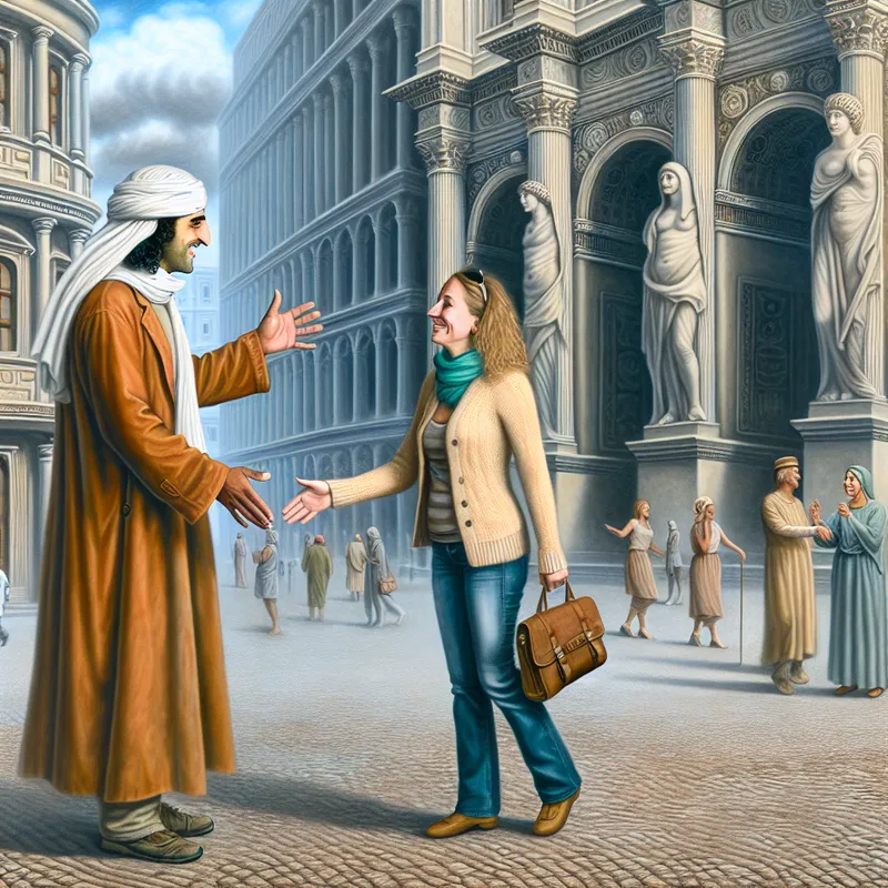 Twee individuen begroeten elkaar hartelijk op een druk stadsplein voor monumentale architectuur.