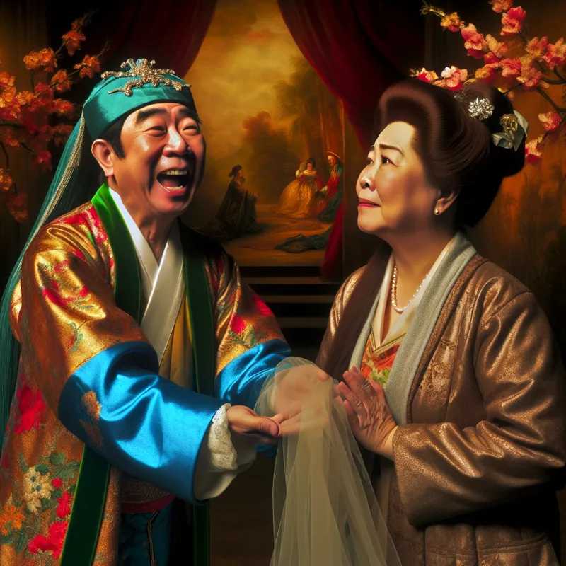 Een persoon bedankt aanvankelijk een ander met blijdschap in een levendige barokstijl, in een kleurrijke omgeving met bloemen en draperieën.