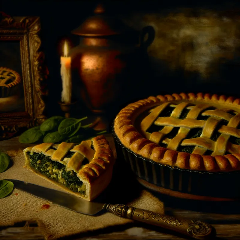 Donkere, symbolische stilleven van een versgebakken hartige taart met spinazie en kaas, geïnspireerd op Félicien Rops, op een rustieke houten tafel met een mes en spinazieblaadjes