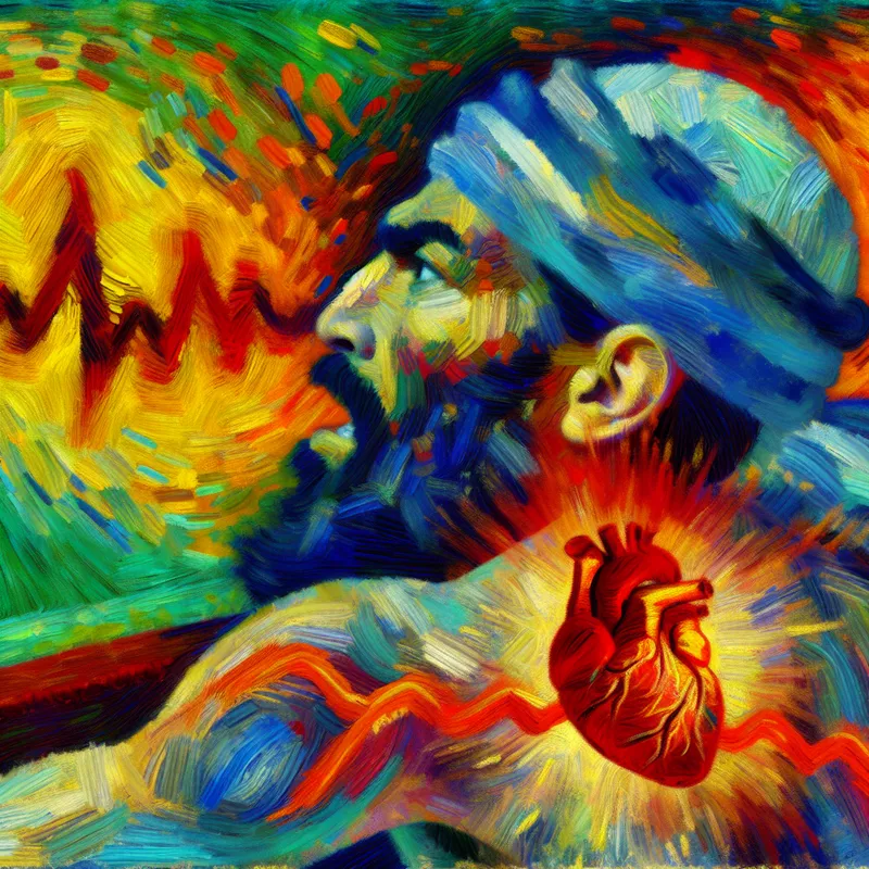 Glinsterend zwetend persoon met een kleurrijke achtergrond, die de hartslag na intensieve activiteit uitbeeldt.