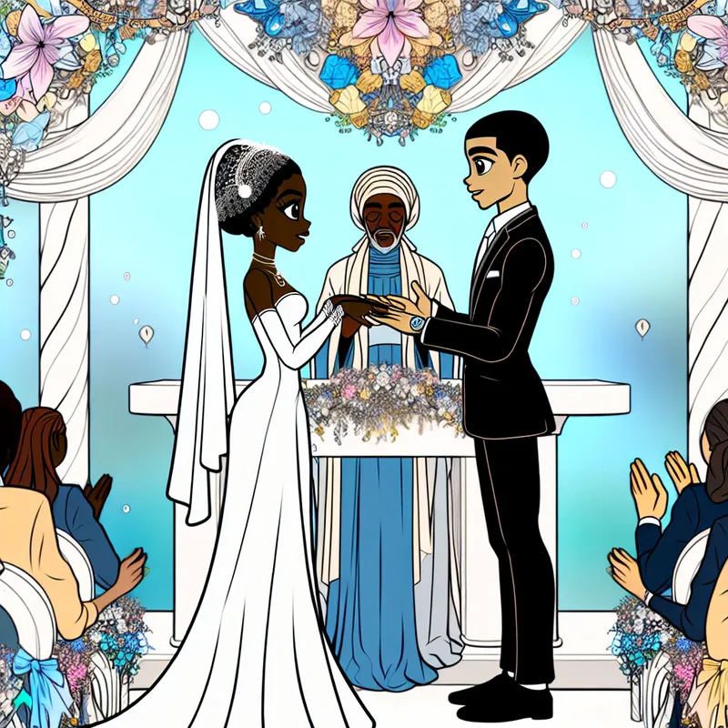Cartoon van een stel dat zijn huwelijksgeloften uitwisselt en ringen verwisselt, omringd door vrienden en familie