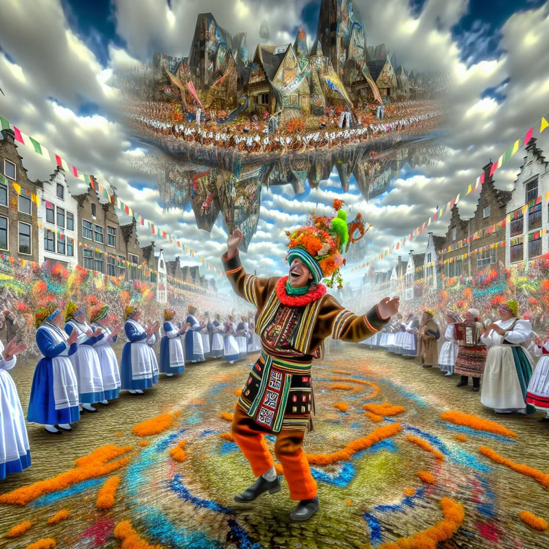 Surrealistische afbeelding van een Haspengouwer in traditionele kleding tijdens een festival omgeven door kleurrijke versieringen en een dramatische lucht.