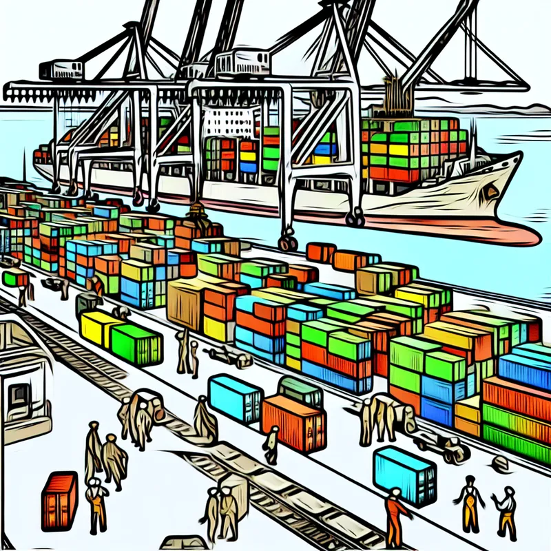 Drukke overslagplaats in een haven met een vrachtschip, containers, kranen en actieve havenarbeiders in een speelse cartoonstijl