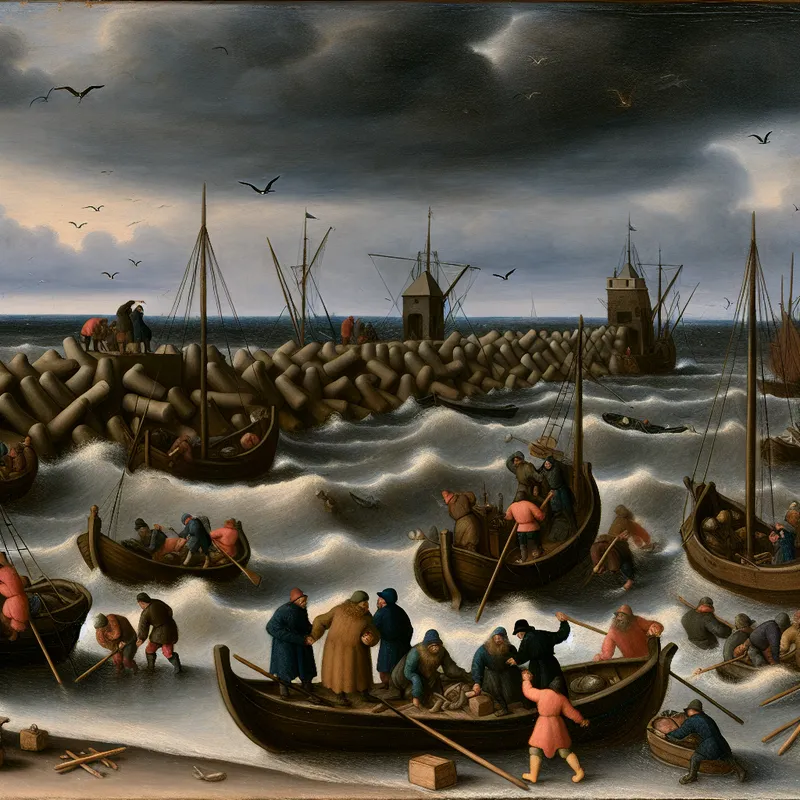 Een levendige haven tijdens een storm met vissers die hun boten veiligstellen.