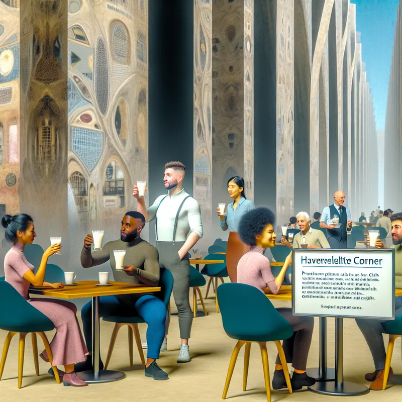 Een hyper-realistisch en licht surrealistisch tafereel in een druk stads café met de 'havermelkelite' in gesprek over hun oat milk lattes.