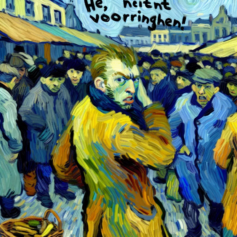 Persoon in drukke marktrij uit Van Gogh-stijl die 'Hé, niet voordringen!' zegt tegen iemand die voorstaat, met lichte irritatie in gezicht en gebaren