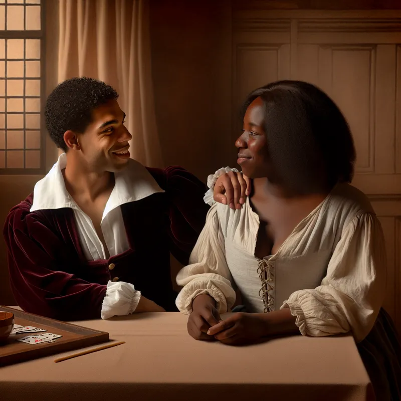 Twee hechte vrienden delen een intiem moment in een 17e-eeuws Nederlands interieur, met warme gebaren en vertrouwde glimlachen