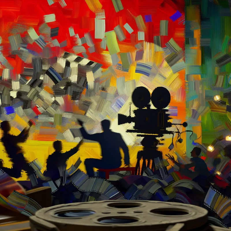 Abstracte expressie van een hectische filmset met een enthousiaste regisseur en een levendige achtergrond die een besteller symboliseert.