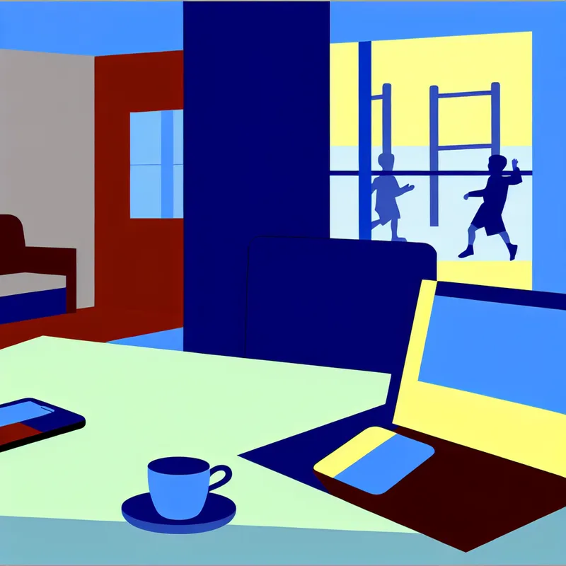Minimalistische illustratie van een moderne werkplek met laptop, smartphone en koffiekop, met een vage achtergrond van spelende kinderen uit het verleden, symboliserend 'heden'