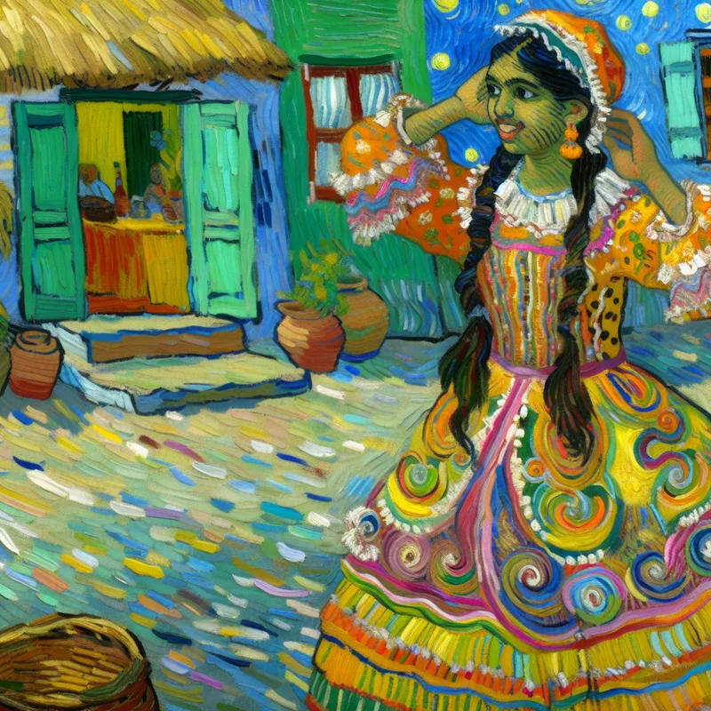 Vrolijke jonge vrouw in een kleurrijke, levendige jurk met ingewikkelde patronen, geschilderd in de kenmerkende stijl van Vincent van Gogh met dikke, zwierige penseelstreken en een zonnige achtergrond