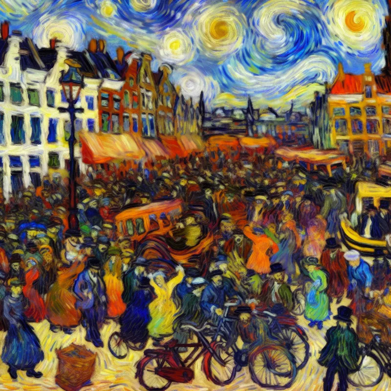 Drukke Amsterdamse straat met honderden mensen, fietsen en boten in Van Goghs kenmerkende stijl, illustrerend het concept 'heel veel'