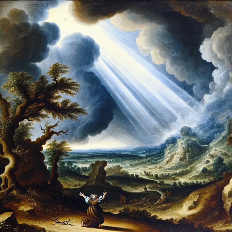 17e-eeuws Nederlands landschap met stormachtige lucht en persoon die met uitgestrekte armen verbazing of frustratie uitdrukt, passend bij het woord 'heilig'