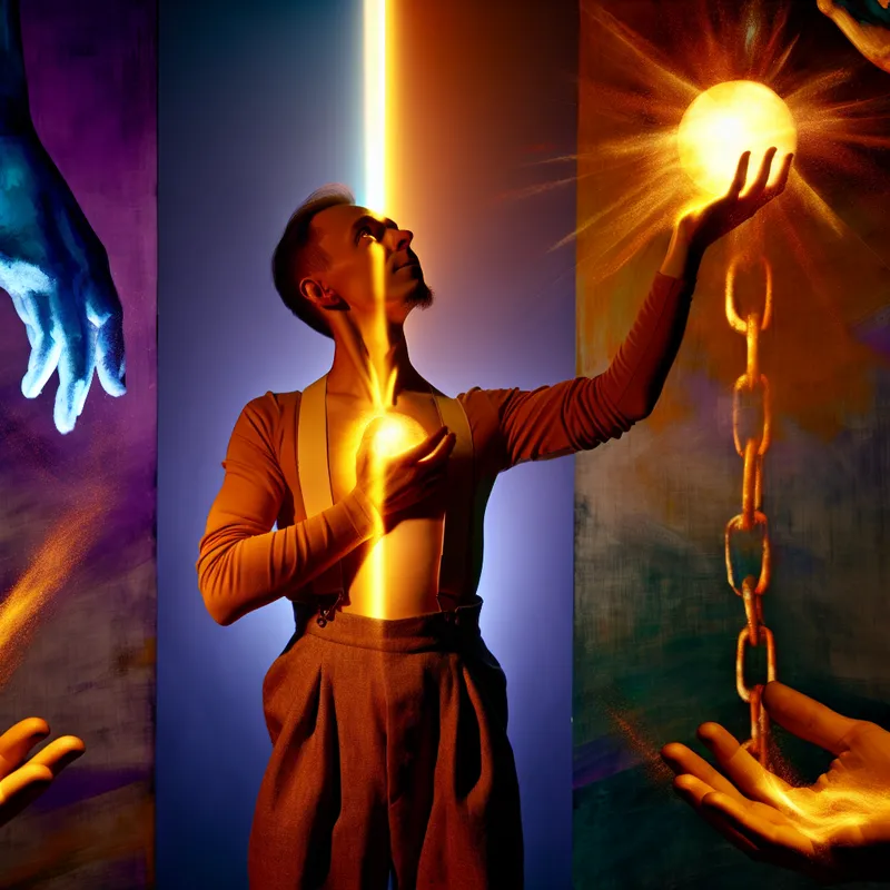 Portret van een persoon die een symbolische vrijheidshalve voorstelt, zoals een gloeiende bol of vogel, beschermend vasthoudt tegen een achtergrond met subtiele beperkingen zoals kettingen