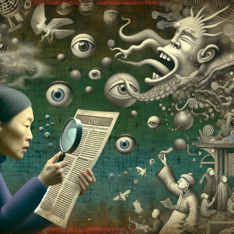 Surrealistisch tafereel van een persoon die stiekem informatie zoekt achter een krant vastgehouden door een bizar wezen, met zwevende ogen en fluisterende monden in een mysterieuze sfeer