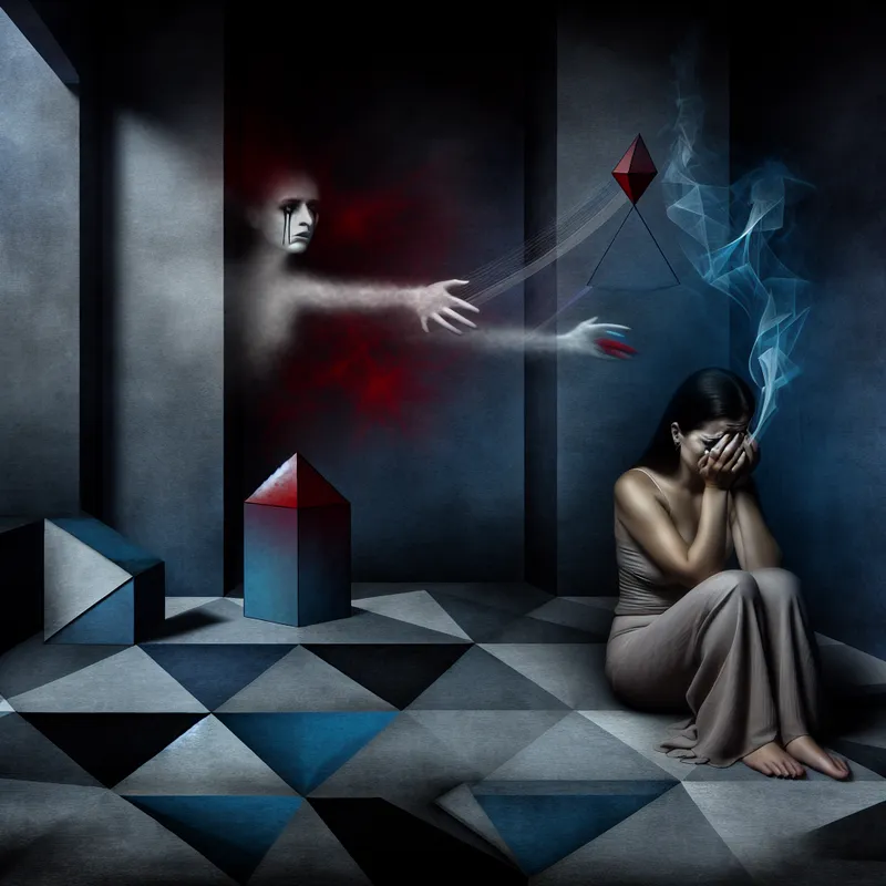 Vrouw in abstracte kamer met tranen, omringd door schaduwen en geestverschijning van kind, symboliserend intense emotionele pijn en verdriet