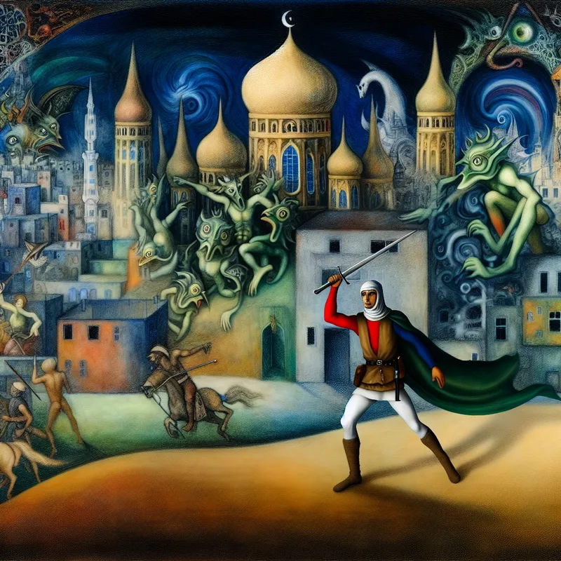 Een held staat dapper voor een fantasierijke stad onder belegering, beschermd tegen bizarre aanvallers.