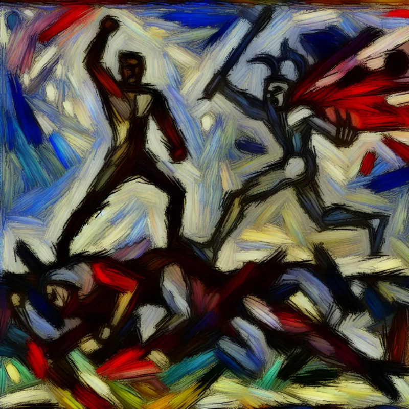 Abstract expressionist afbeelding van een held die een schurk confronteert in een dramatische finale.