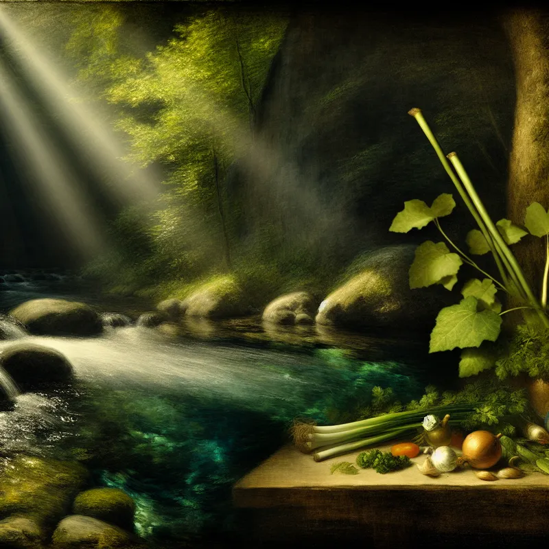 Een helder bergstromend water dat zachtjes over gladde stenen stroomt, met verse groenten en kruiden op een rustieke houten tafel.