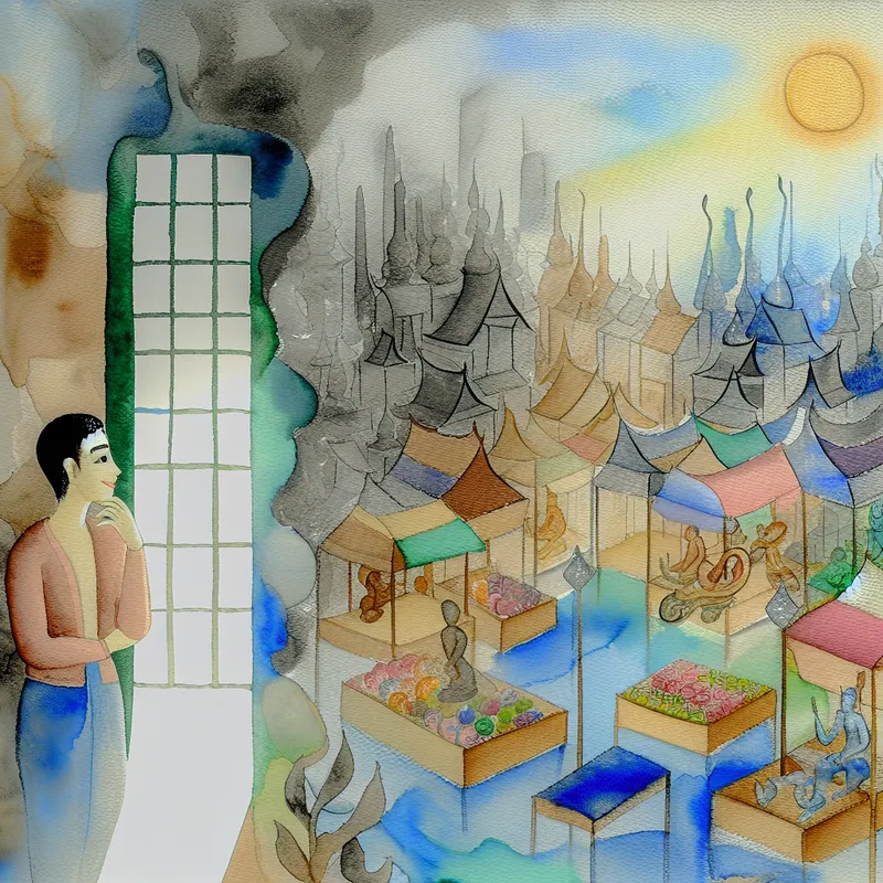 Een personage met een nadenkende uitdrukking kijkt uit een prachtig raam naar een levendige markt vol kleurrijke kramen met bloemen en gebakjes.