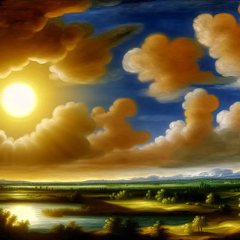 Een majestueus landschap met een grote zon die helder licht uitstraalt, omringd door luchtige wolken en groene velden.