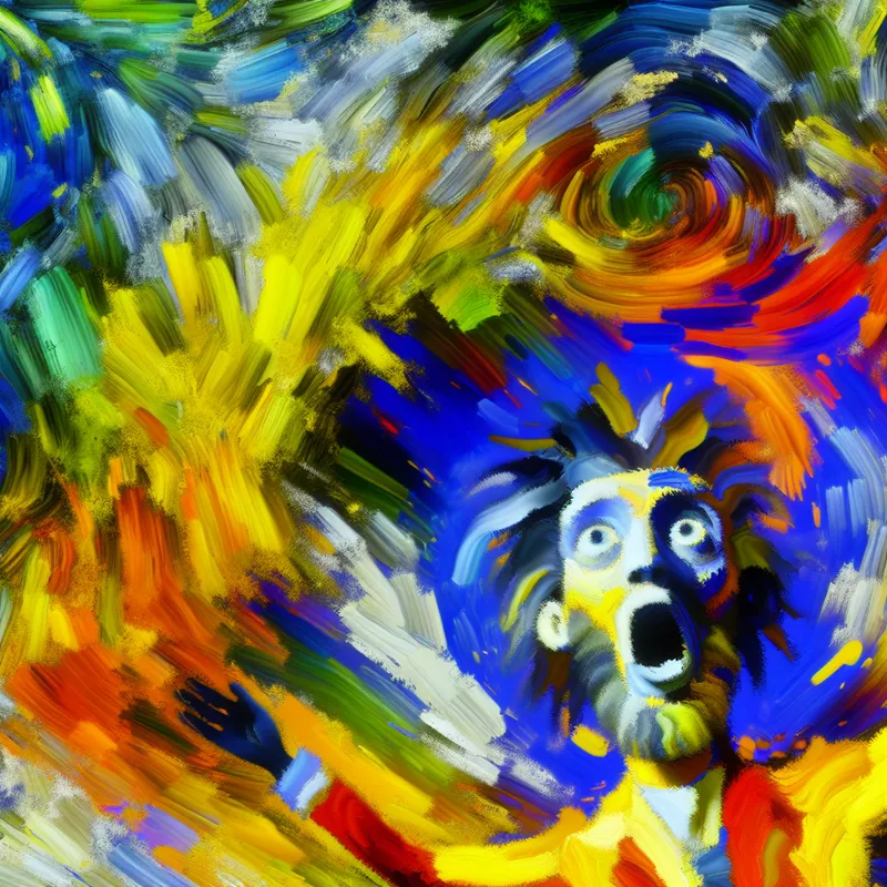 Abstract expressionistisch schilderij van een persoon die helemaal overweldigd is door enthousiasme en verbazing, met felle kleuren en dynamische penseelstreken