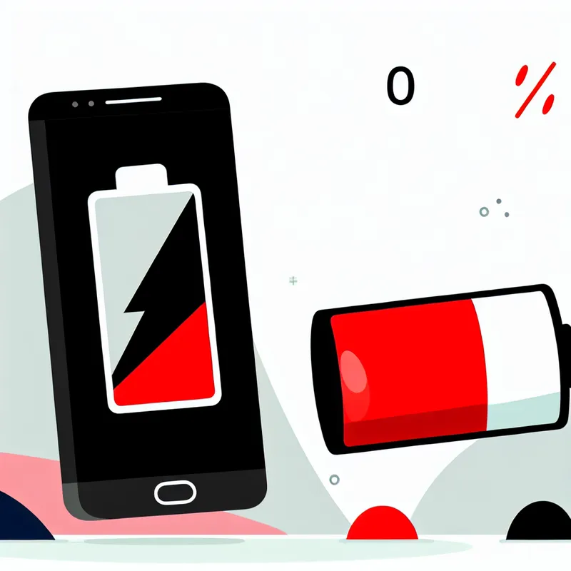 Minimalistische illustratie van een lege telefoonbatterij op 0% in fel rood, stijl van Dick Bruna