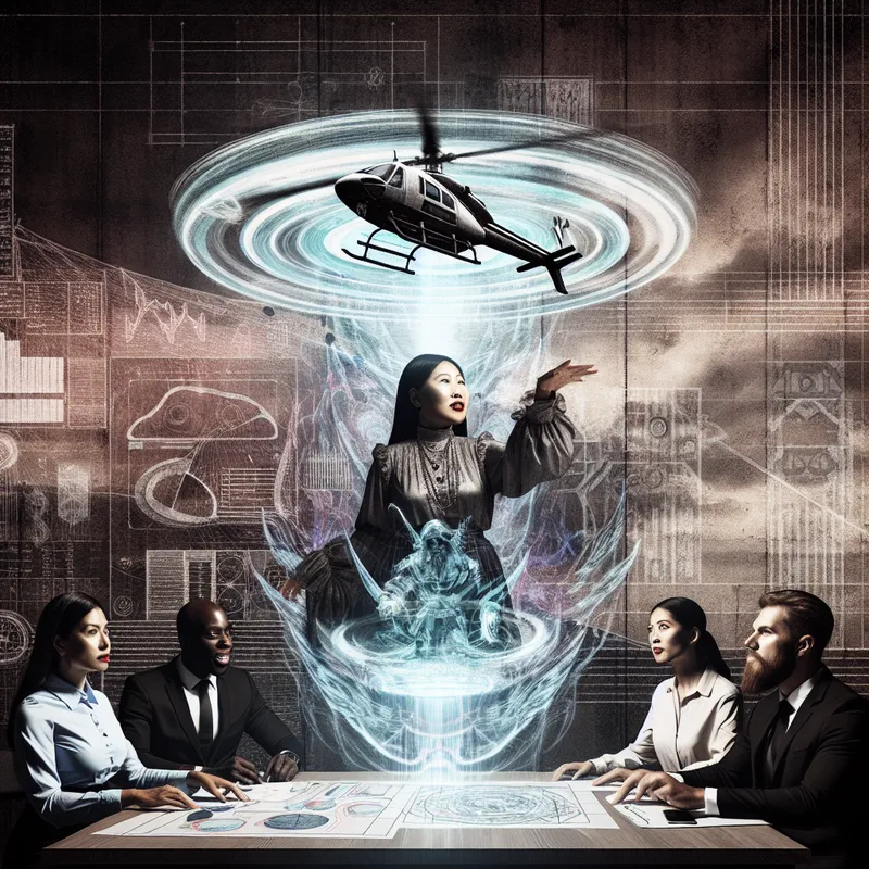 Illustratie van een moderne kantooromgeving met een spookachtige helikopter erboven, symboliserend snelle reactie en flexibiliteit in een zakelijke context