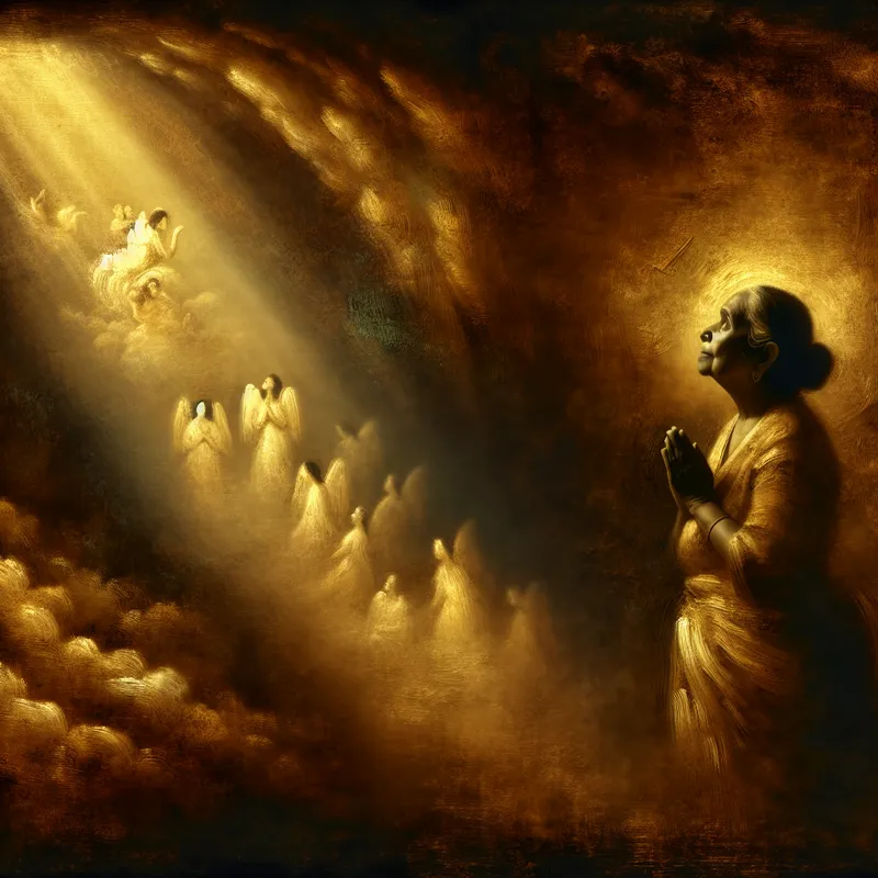 Oude vrouw bidt met hoopvolle blik naar hemels licht met engelen en overleden dierbaren in Rembrandt-stijl