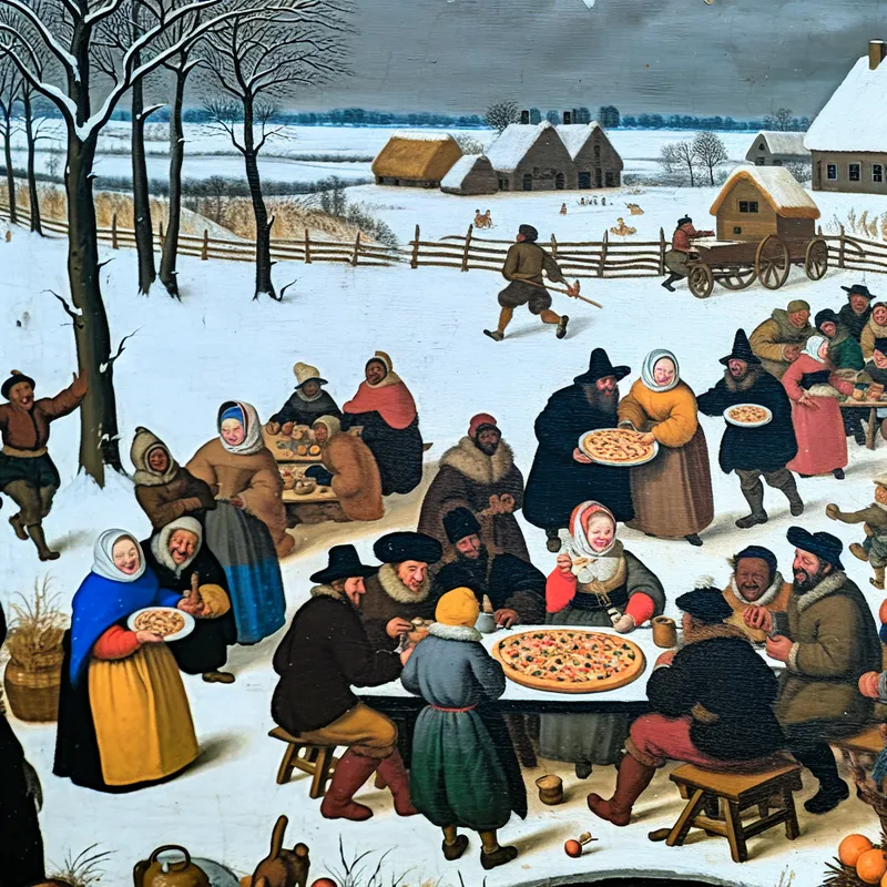 Groep mensen in winterlandschap met focus op gedeelde pizza