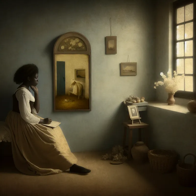 Persoon in stille overpeinzing voor een intiem gedenkteken bij zacht licht, herinneringen oproepend in Vermeer-stijl