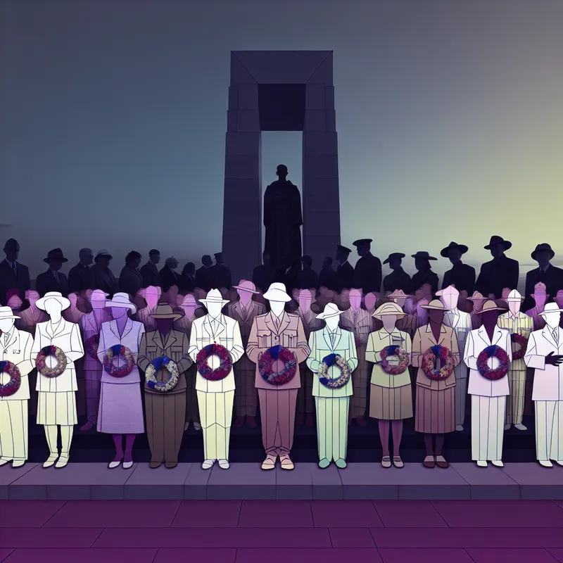 Diverse groep mensen in stilte bij een oorlogsmonument tijdens een herdenking bij schemering, retro-futuristische stijl