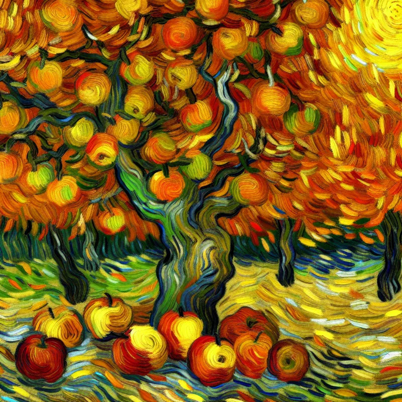 Een kleurrijke herfstscène met een appelboom vol rijpe appels en gouden bladeren in de achtergrond.