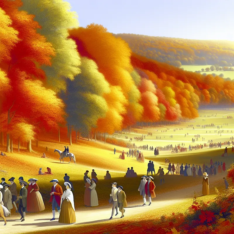 Een schilderachtig herfstlandschap met mensen die ontspannen wandelingen maken op een kronkelig pad, terwijl het gouden zonlicht door kleurrijke bladeren filtert.