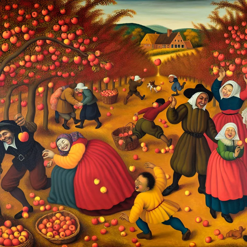 Gezellige herfstscène met een familie die appels oogst in een boomgaard