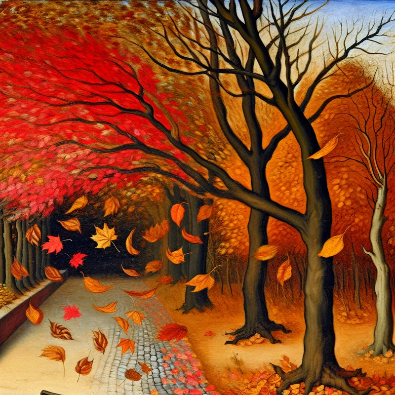 Een betoverende herfstscène met vallende bladeren in verschillende kleuren.