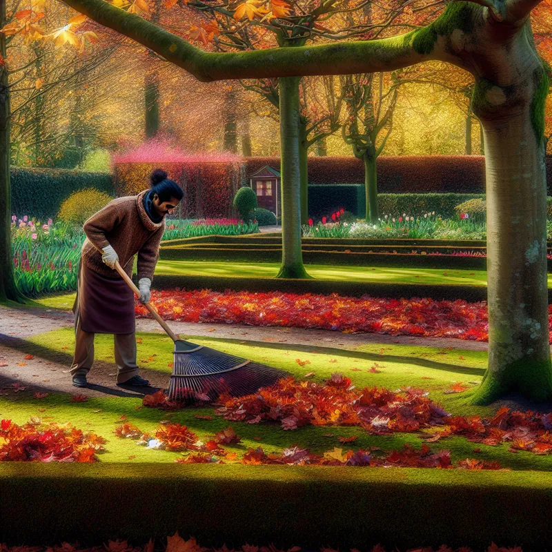 Persoon harkt kleurrijke herfstbladeren in een rustige tuin.