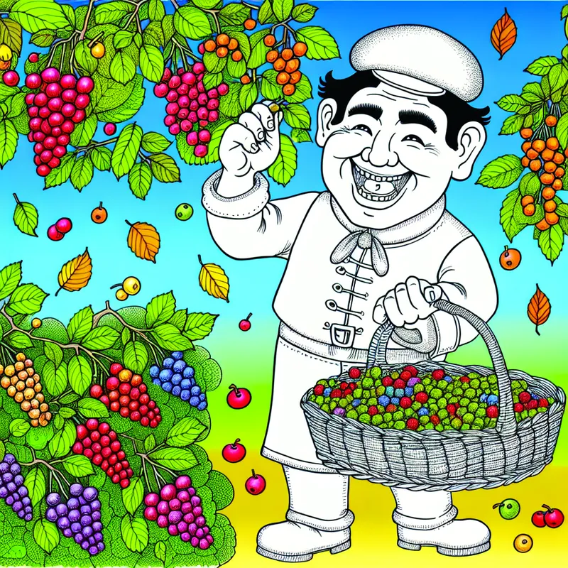 Een vrolijke tuinman inspecteert kleurrijke bessen in een herfsttuin.