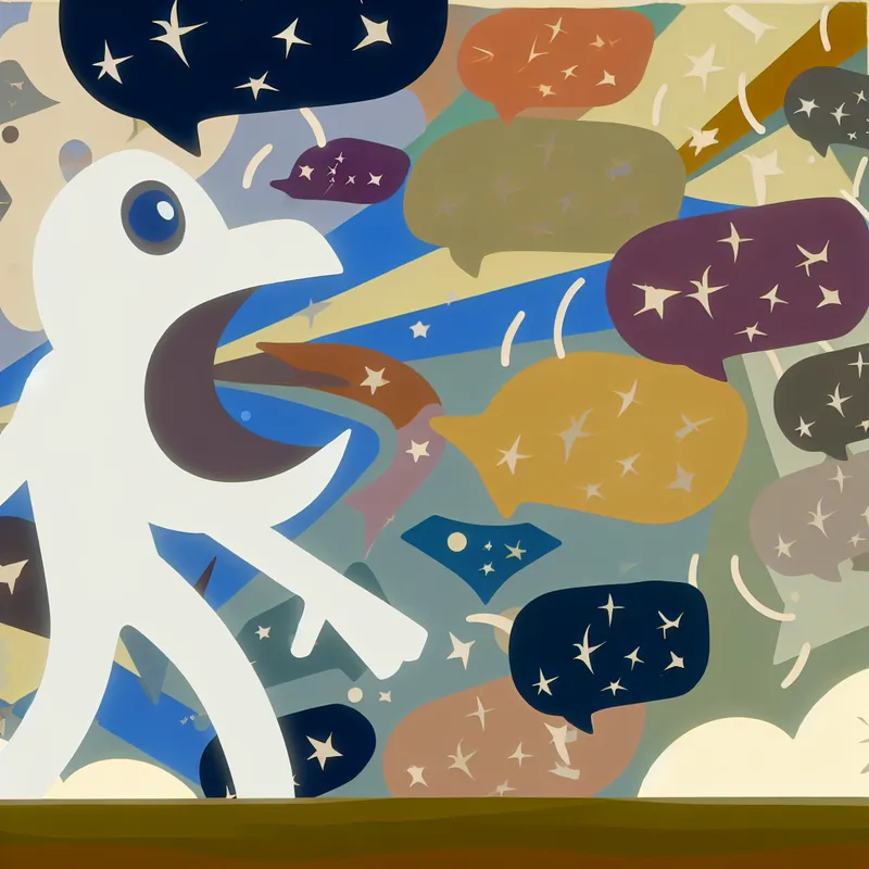 Een kleurrijke illustratie in de stijl van Dick Bruna met een cartoonfiguur die spreekt met een grote open mond, omringd door spraakballonnen vol herhalingen van dezelfde frase.